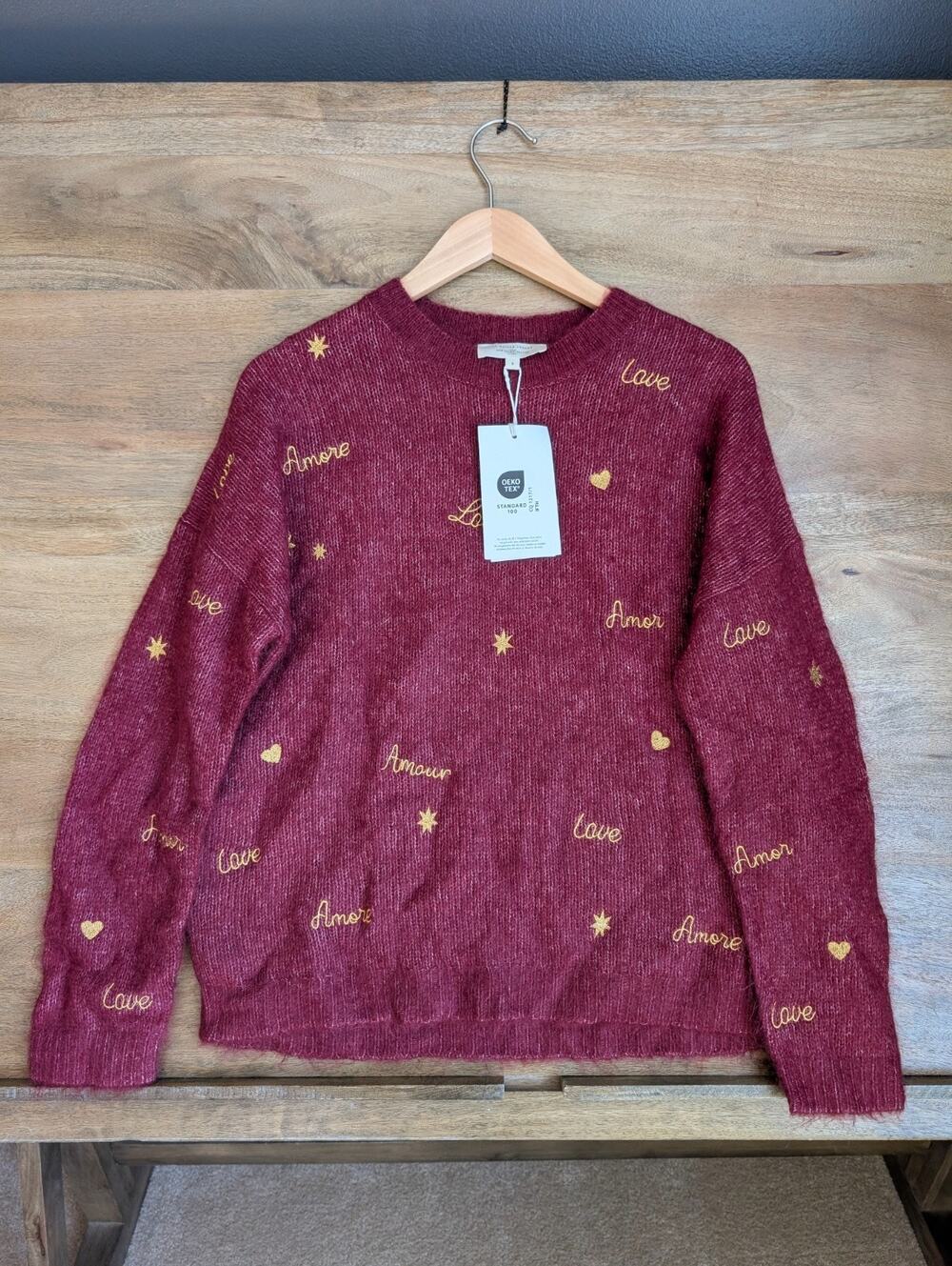 La Maille Sezane Hope Jumper Womens S Burgandy Gold Embroidered Wool Blend NWT